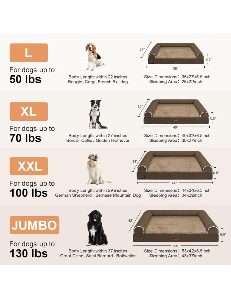 Large Dog Bed Orthopedic Washable: Beds Bolster XL Bed Large Big Dogs Memory Foam Couch Sofa Waterproof with Removable Cover - Brown