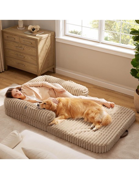 Foldable Human Dog Bed for People Adult, 2 in 1 Corduroy Fleece Calming Human Size Giant Waterproof Dog Bed Fits Pet Families with Egg Foam, Faux Fur Orthopedic Dog Sofa, Tuscan Beige