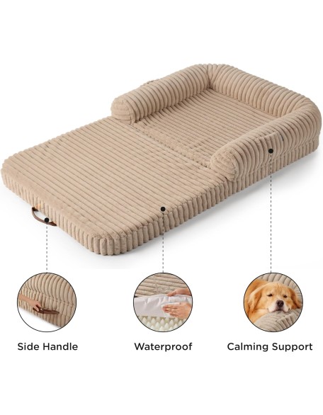 Foldable Human Dog Bed for People Adult, 2 in 1 Corduroy Fleece Calming Human Size Giant Waterproof Dog Bed Fits Pet Families with Egg Foam, Faux Fur Orthopedic Dog Sofa, Tuscan Beige