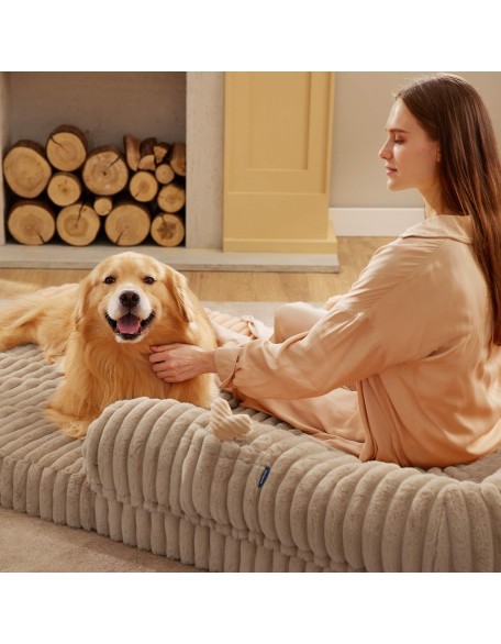 Foldable Human Dog Bed for People Adult, 2 in 1 Corduroy Fleece Calming Human Size Giant Waterproof Dog Bed Fits Pet Families with Egg Foam, Faux Fur Orthopedic Dog Sofa, Tuscan Beige