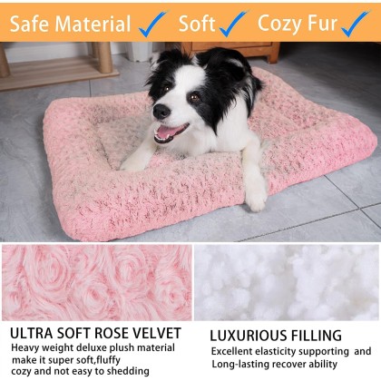 Dog Beds Crate Pad for Medium, Large Dogs, Deluxe Rose Plush Cat Sleeping Mats, Fits Crate Kennel Cage, Anti-Slip Pets Pillow, Washable Ultra Soft Fluffy Dog Bed for Crate (29"x21"Pink)