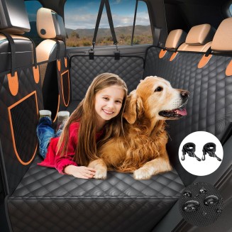 Hard Bottom Dog Car Seat Cover for Back Seat, Pet Cover with Waterproof and Scratch-Proof Extender for Dogs, Dog Hammock with Door Protection and Storage Pocket for Car SUV, Black