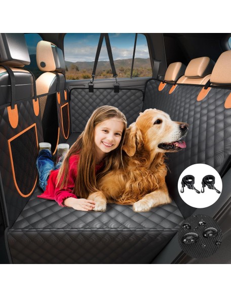 Hard Bottom Dog Car Seat Cover for Back Seat, Pet Cover with Waterproof and Scratch-Proof Extender for Dogs, Dog Hammock with Door Protection and Storage Pocket for Car SUV, Black