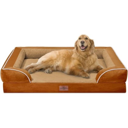 XL Dog Beds, Waterproof Dog Bed with Bolster, Extra Large Dog Beds Orthopedic, Washable Dog Bed Sofa Pet Bed with Removable Cover & Non-Slip Bottom(X-Large,Caramel)