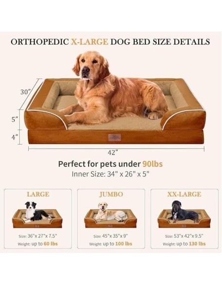 XL Dog Beds, Waterproof Dog Bed with Bolster, Extra Large Dog Beds Orthopedic, Washable Dog Bed Sofa Pet Bed with Removable Cover & Non-Slip Bottom(X-Large,Caramel)