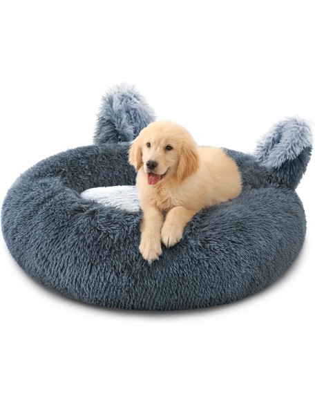 Calming Donut Dog Bed for Small Dogs and Cats, Anti-Anxiety Round Washable Pet Bed, Cute Fluffy Luxury Dog Cuddler Bed, Cozy Soft Cat Cushion Bed, 18" Grey