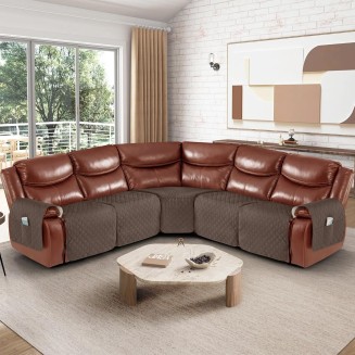 Oversized Recliner Sectional Couch Covers Waterproof Couch Covers for Reclining L Shape Sofa Non Slip 5 Seat Reclining Sectional Couch Covers Washable Sofa Covers with Pockets, Brown