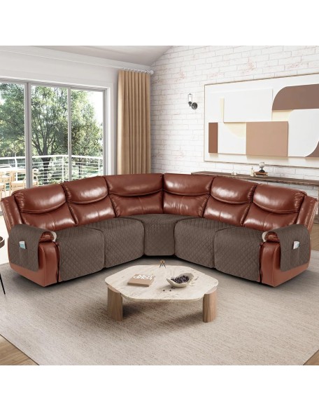 Oversized Recliner Sectional Couch Covers Waterproof Couch Covers for Reclining L Shape Sofa Non Slip 5 Seat Reclining Sectional Couch Covers Washable Sofa Covers with Pockets, Brown