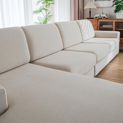 Couch Cushion Covers,Comfort Soft Magic Sofa Covers Washable Stretch Resistant for 3 Chair Cushion Couch Furniture Protector for Pets Sectional Slipcovers(3 Pieces+1 Chaise,Ivory)