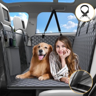 Dog Car Seat Cover, Back Seat Extender +40% Space, Hard Bottom, Removable, 400 lbs Capacity, Mesh Windows, Storage Pocket, Comes with Dog Seat Harness, Fits Mid-Size and Large SUVs, Full-Size Trucks